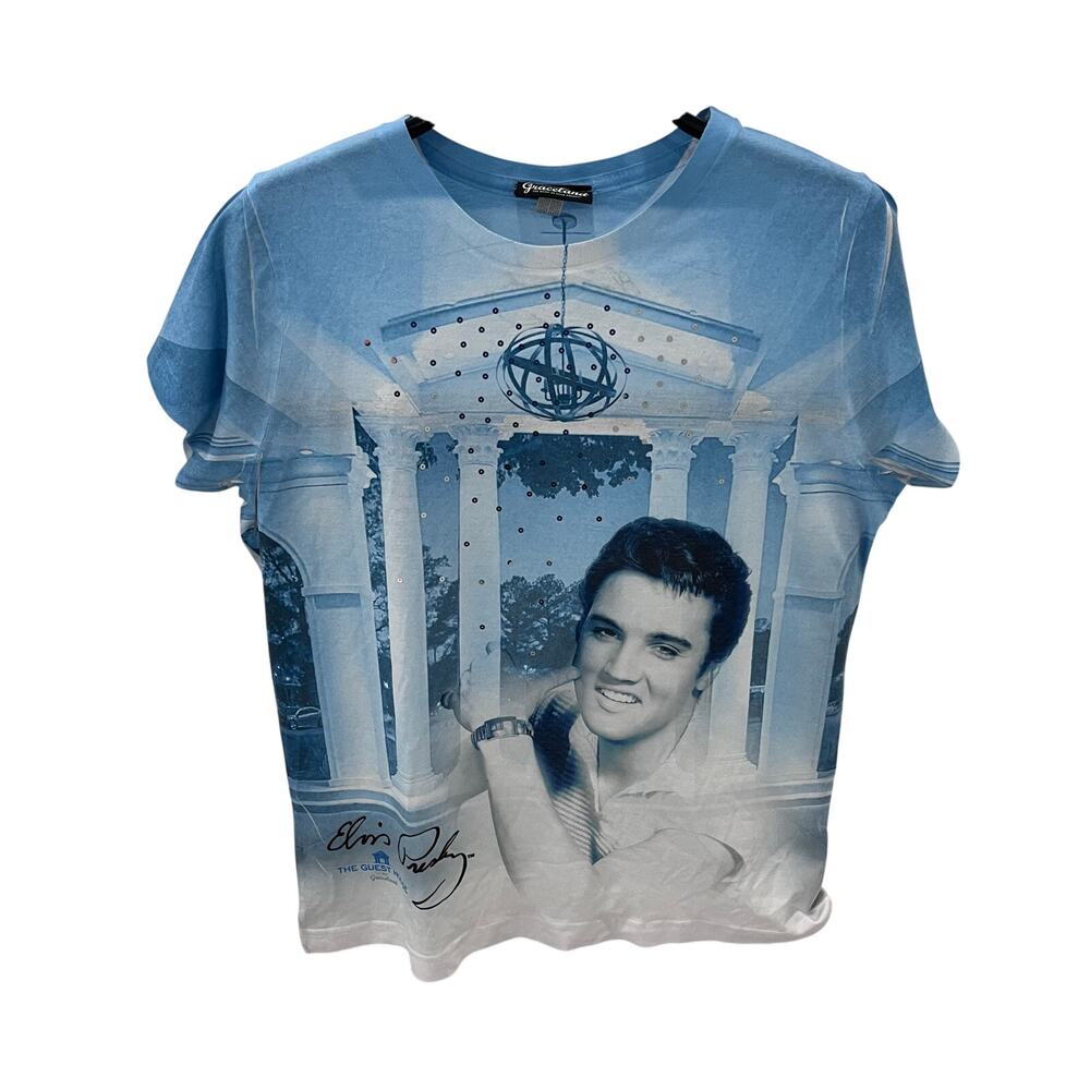 Vintage Elvis Presley Graceland All Over Print Signature Blue T-Shirt - Size LG
